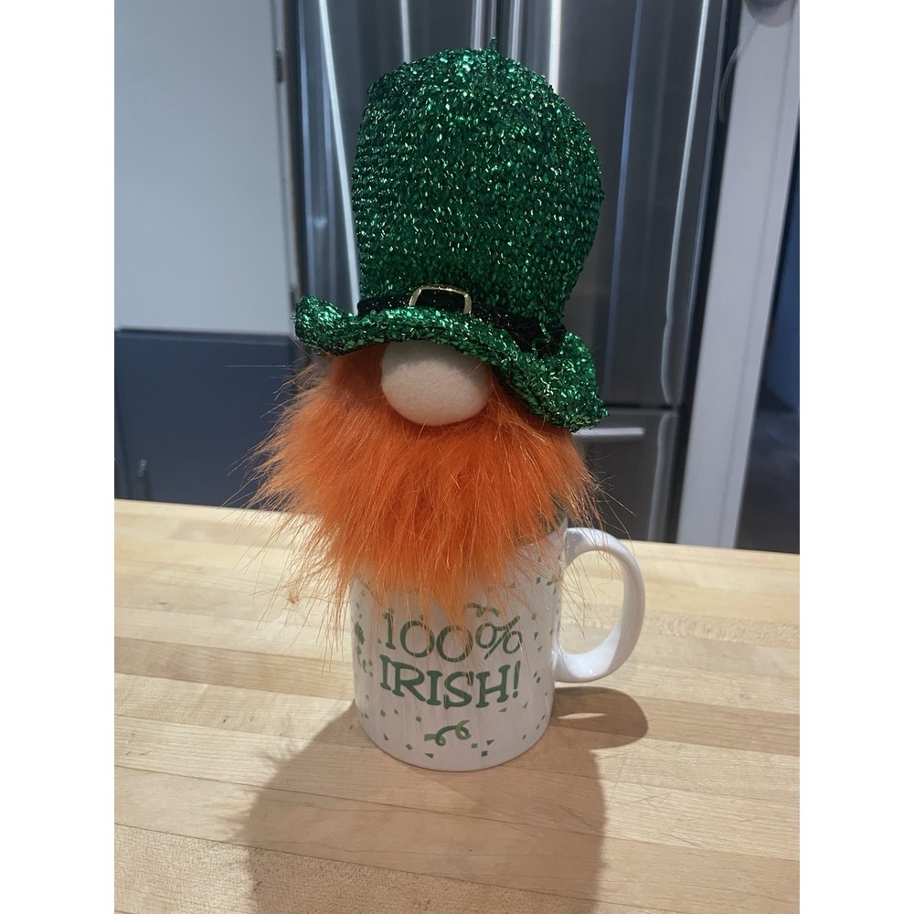 100% Irish Shamrock Coffee Tea Mug With Gnome Paperweight Green Clover Gift 10oz